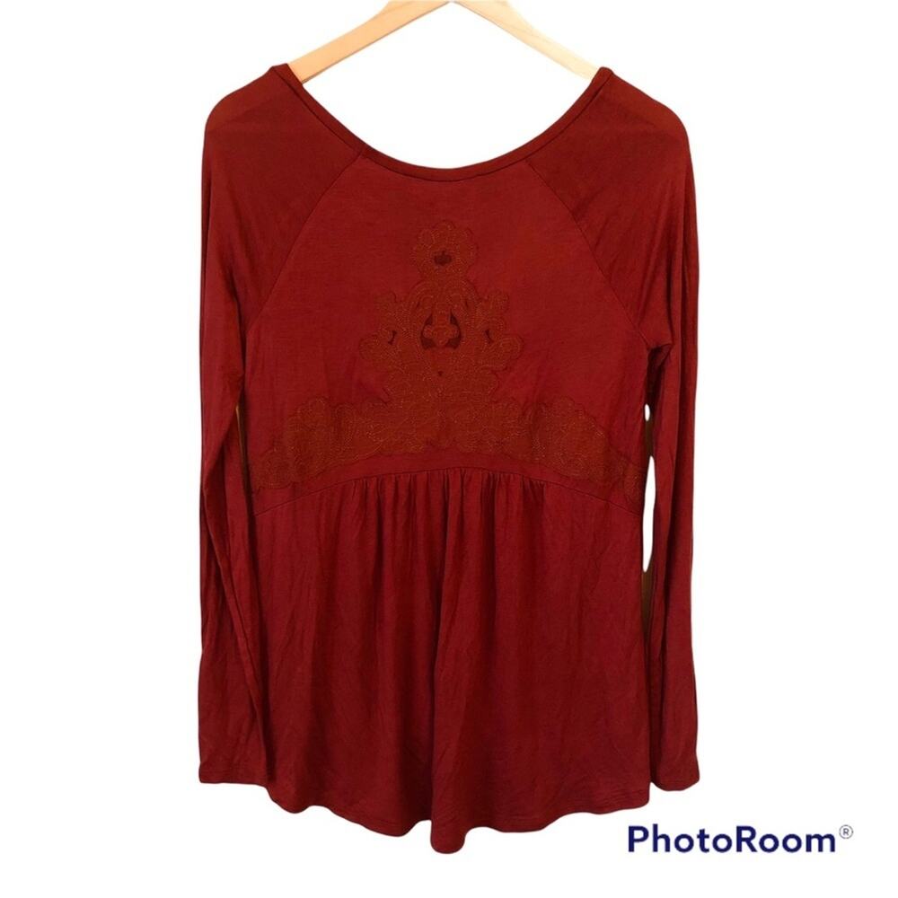 Cloud Chaser Brick Red Long Sleeve Top Womens Small Embroidery Babydoll Boho